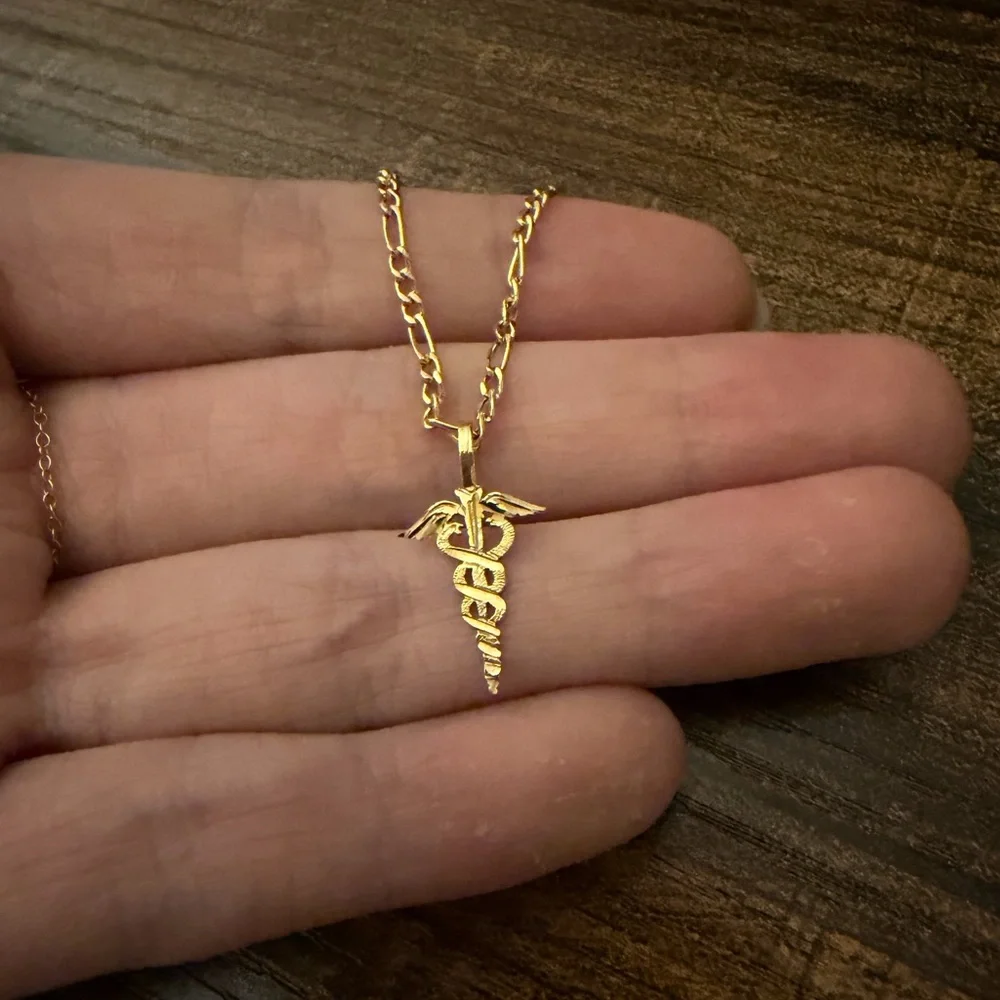 14kt solid yellow Gold Caduceus Staff of Hermes Pendant Charm Greek Mythology - Picture 1 of 5